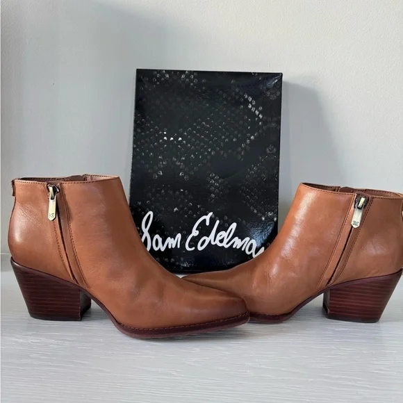 Sam Edelman Walden Whiskey Ankle Boots with Chunky Heel and Smooth Leather - Picture 2 of 5